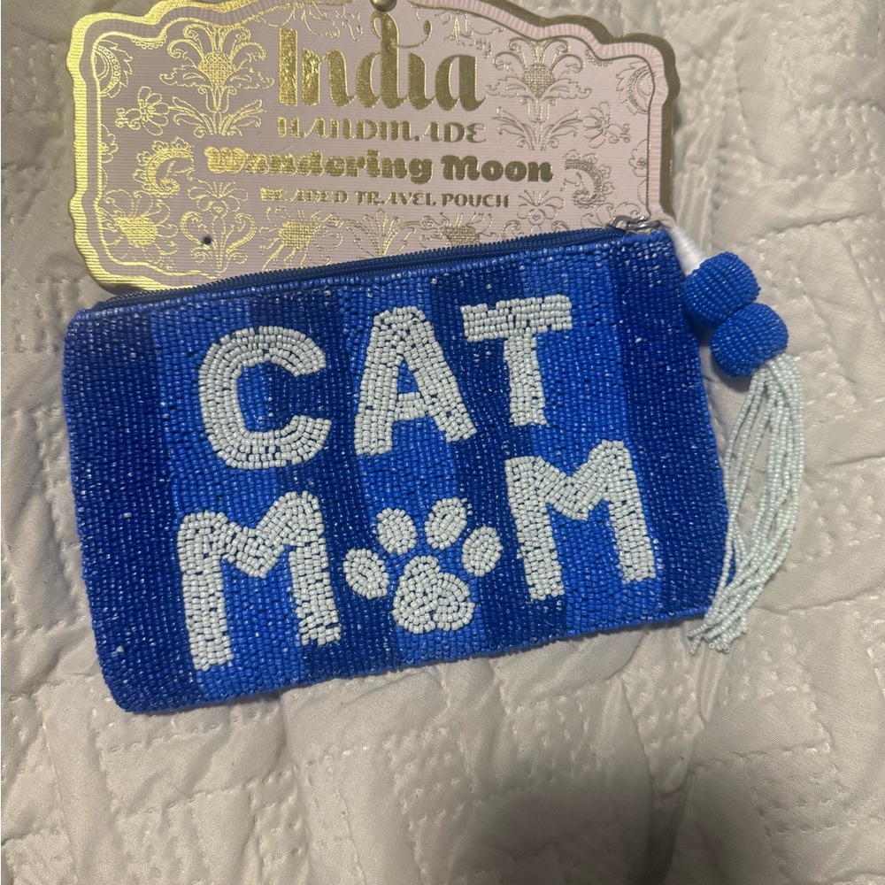 Blue and White Sequin Cat Mom Pouch